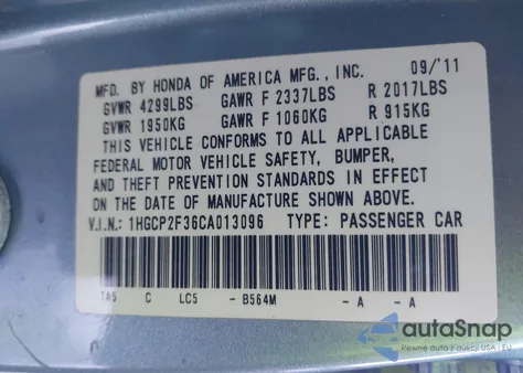2012 Honda Accord 2.4 Lx z USA, uszkodzony, nr VIN 1HGCP2F36CA013096